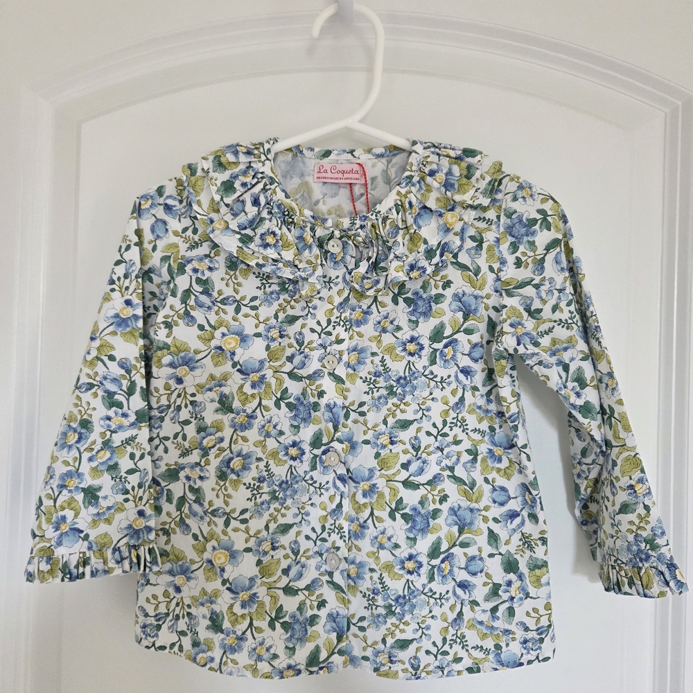 La Coqueta Blue Floral Ruffle Collar Long-Sleeve Top